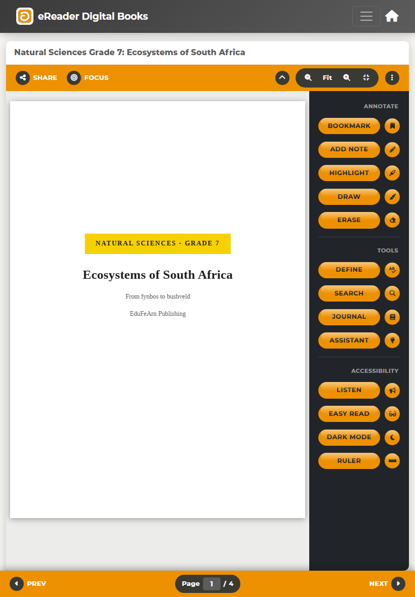 The eReader showing a Grade 7 Natural Sciences book with annotation tools